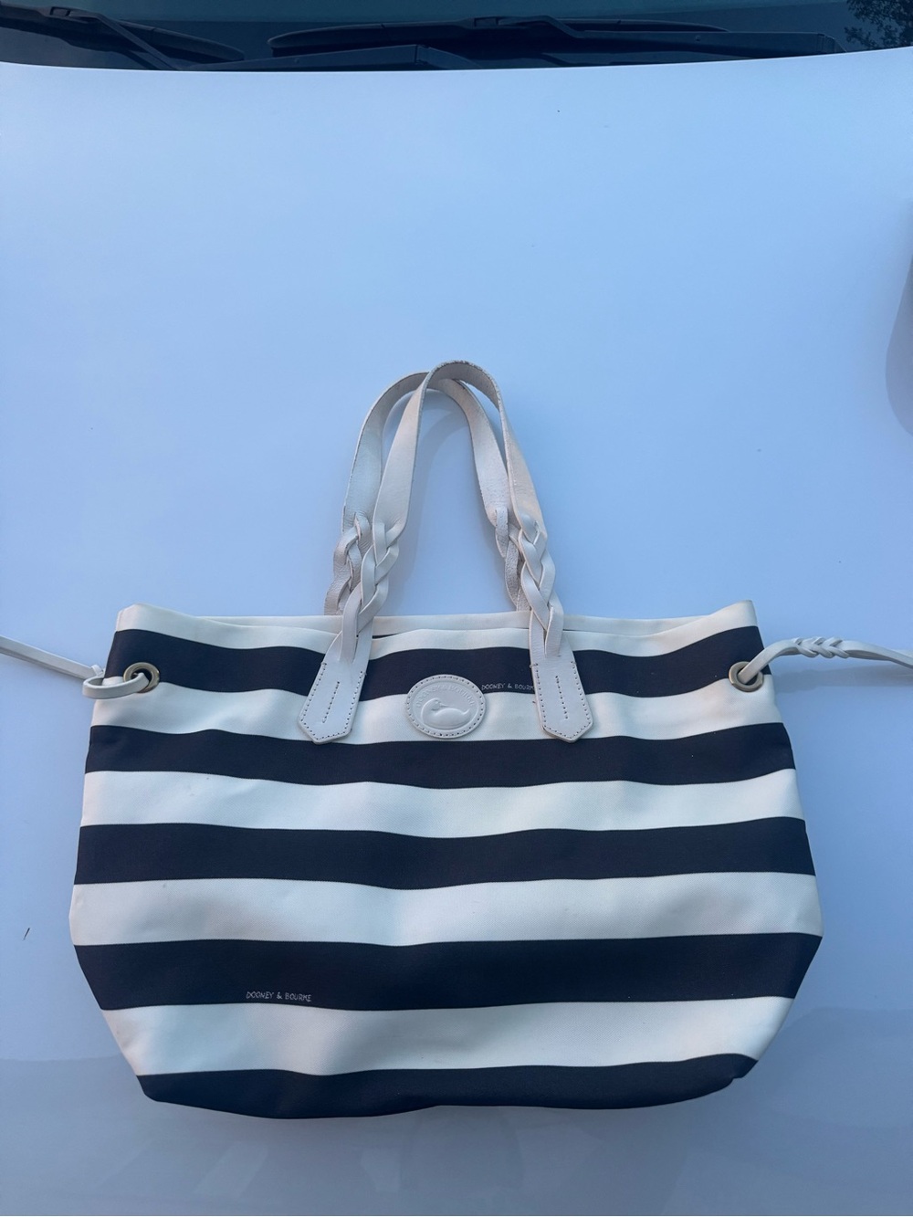 Dooney and Bourke Striped Navy and White Tote Bag with Braided Handles